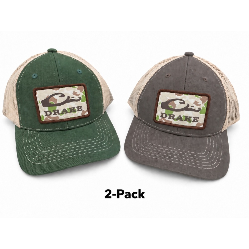 (LOT 2) Drake Waterfowl Trucker Hats Mens Green Gray Camo Patch Adjustable NEW